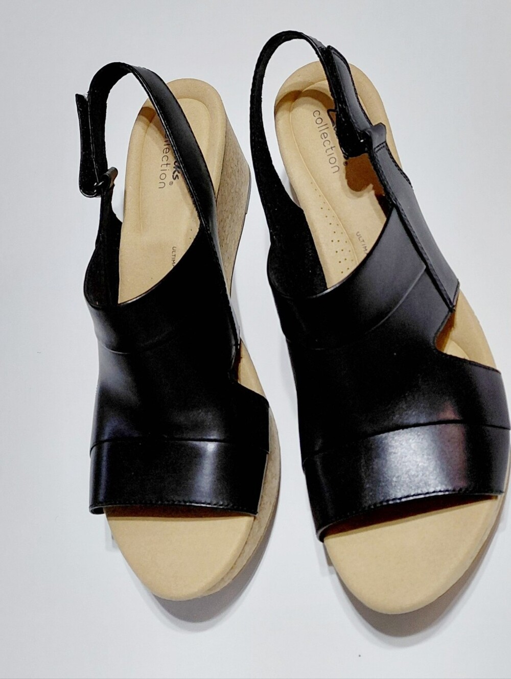 CLARKS Women’s Black Leather  Annadel Ivory Wedge Sandals Size 12W